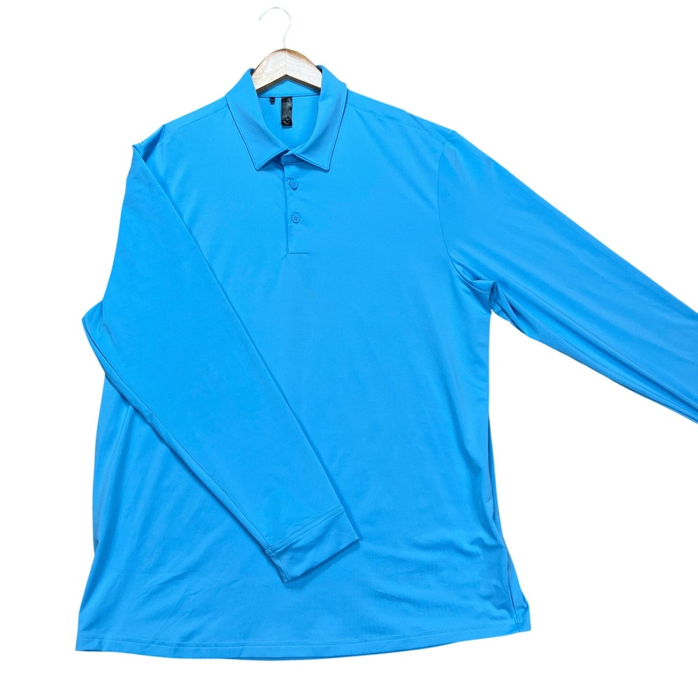 Adidas Polo Shirt Mens Large Blue Long Sleeve 3‎ Button Placket Stretch Golf EUC